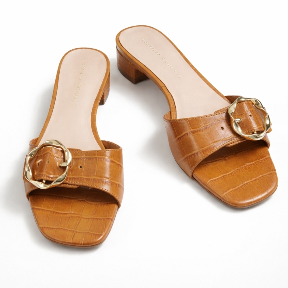 Loeffler Randall Edie Croc Embossed Leather Slides Cognac size 6